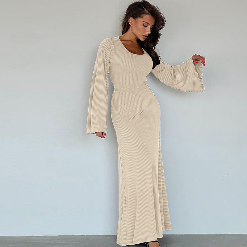 Women's U-neck lace-up back sleeve dress