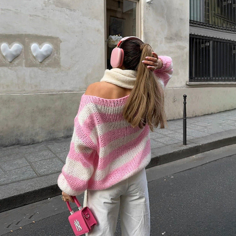 Loose Striped Knit Pullover Sweater