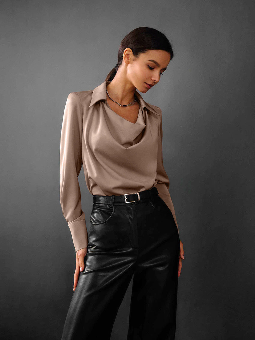 Women's Draped Long Sleeve Shirt with Irregular Neckline
