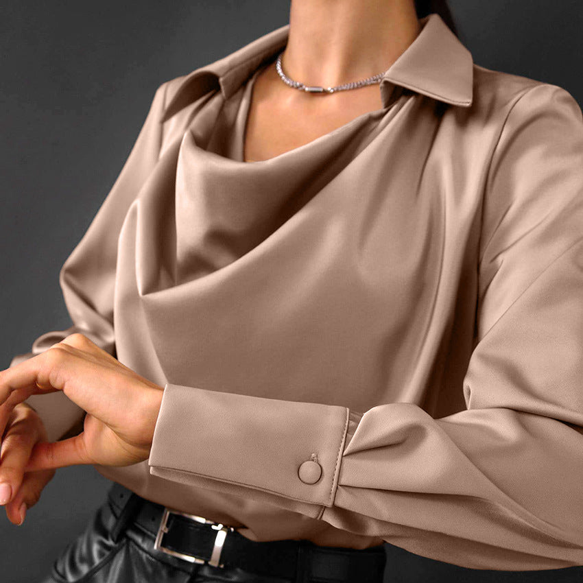 Women's Draped Long Sleeve Shirt with Irregular Neckline