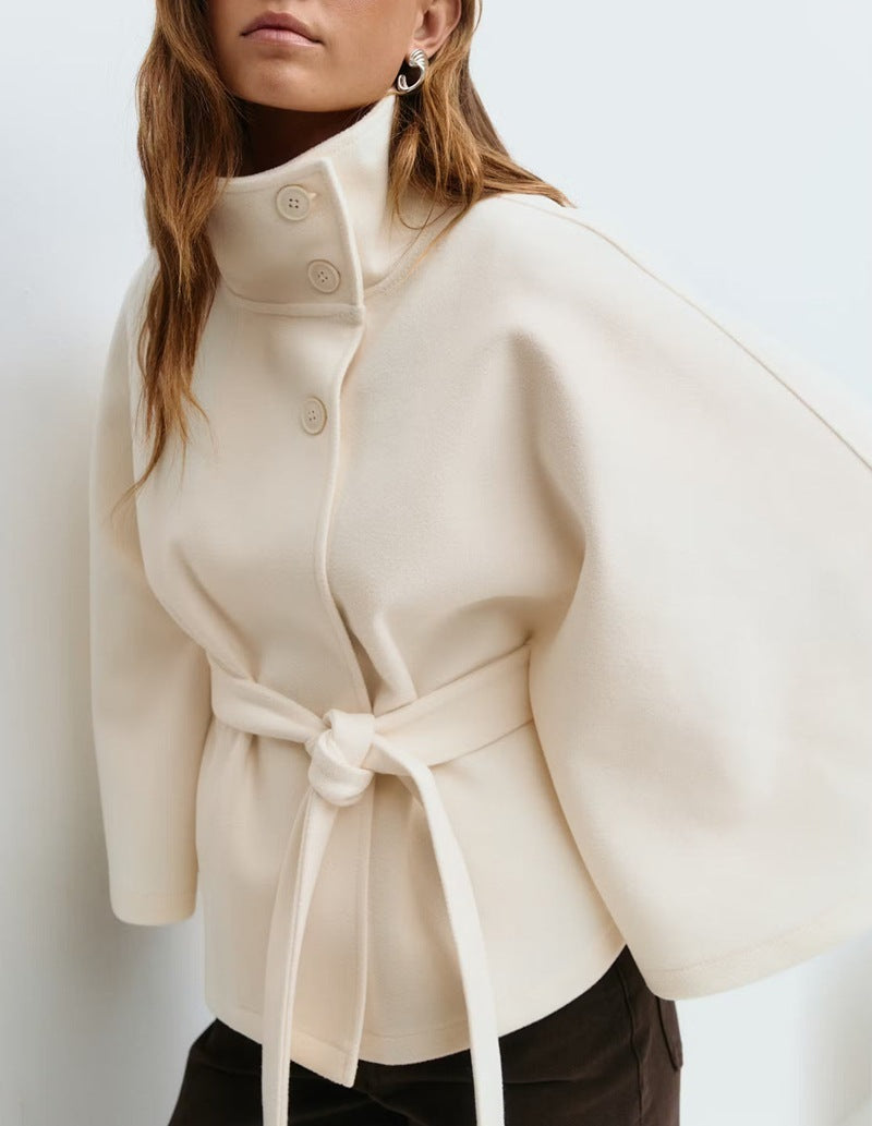 High Neck Batwing Belted Trench Coat