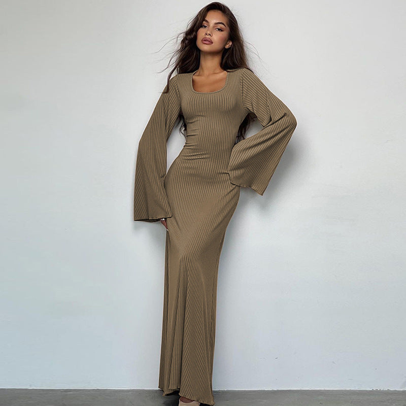 Women's U-neck lace-up back sleeve dress