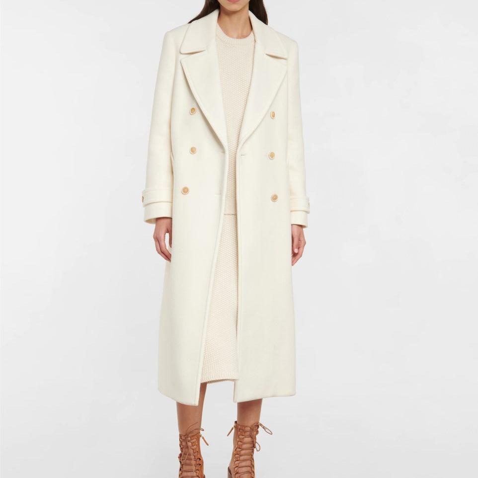 Women's Elegant White Double-Breasted Mid-Length Coat