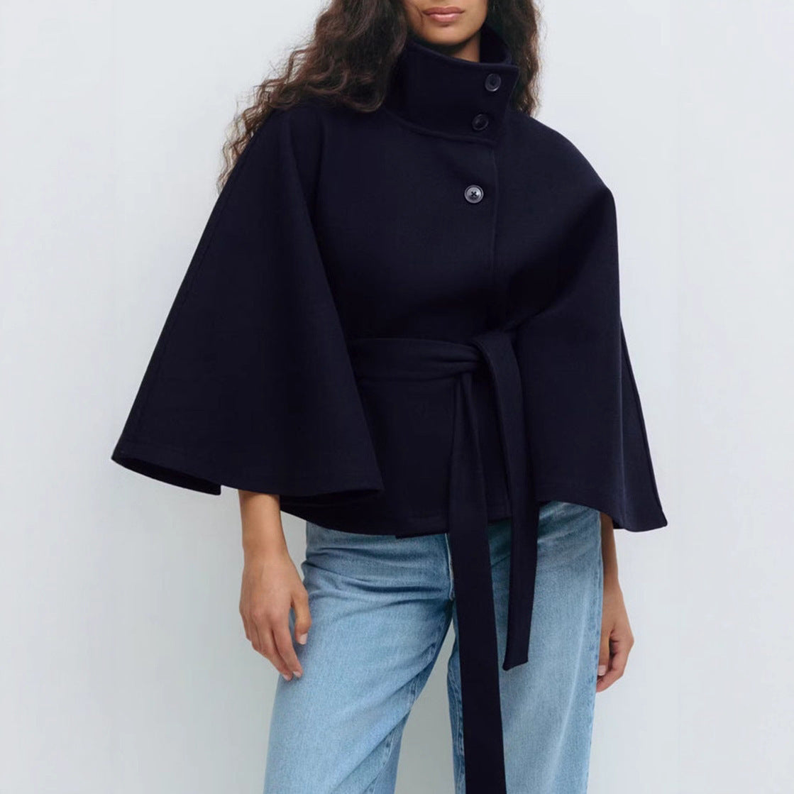 High Neck Batwing Belted Trench Coat