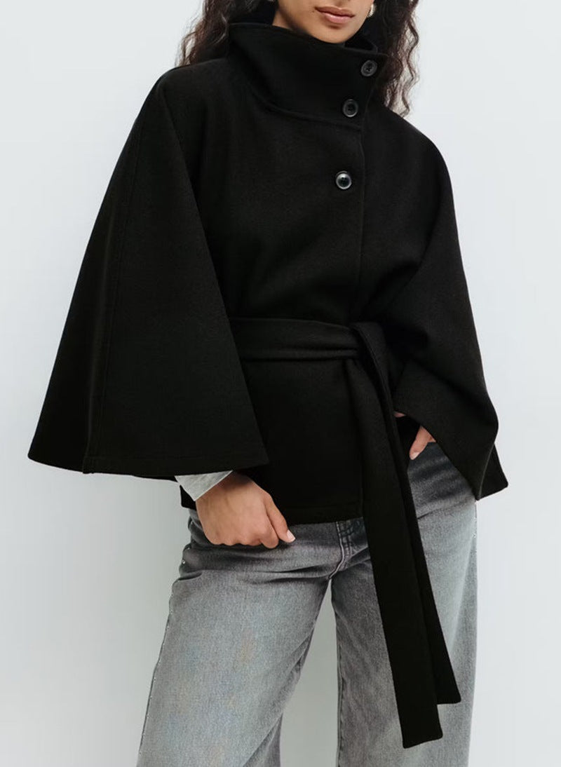 High Neck Batwing Belted Trench Coat