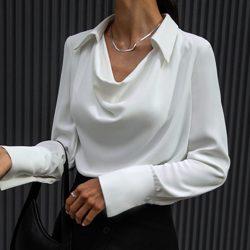 Women's Draped Long Sleeve Shirt with Irregular Neckline