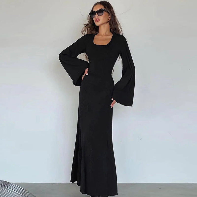 Women's U-neck lace-up back sleeve dress
