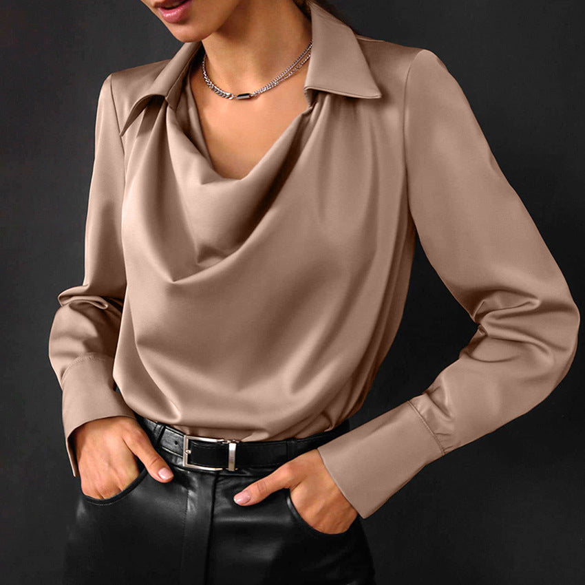 Women's Draped Long Sleeve Shirt with Irregular Neckline