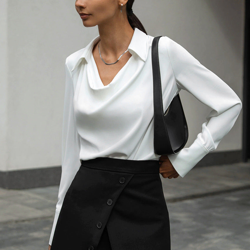 Women's Draped Long Sleeve Shirt with Irregular Neckline
